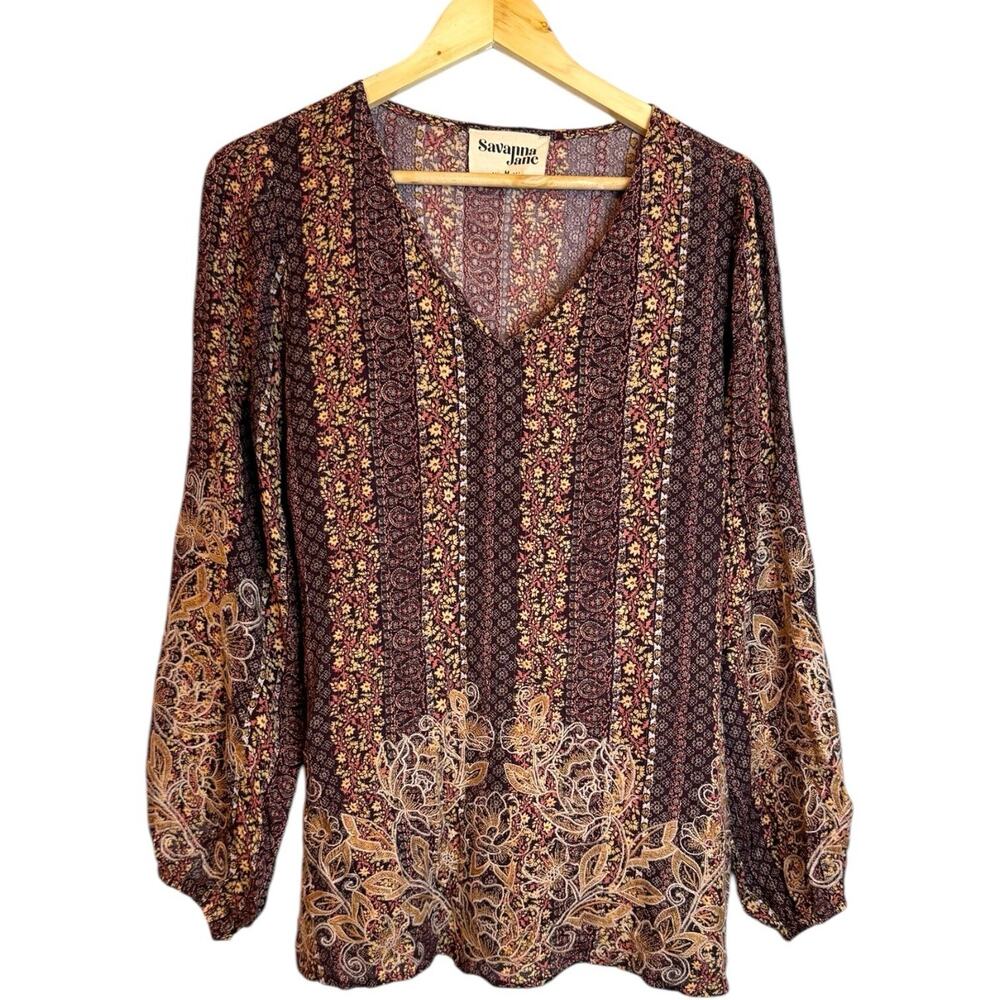 Savanna Jane Floral Paisley Metallic Embroidered Blouse Medium V-Neck